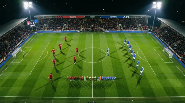 Dos equipos de fútbol enfrentados en un campo con cuotas de favorito y underdog superpuestas