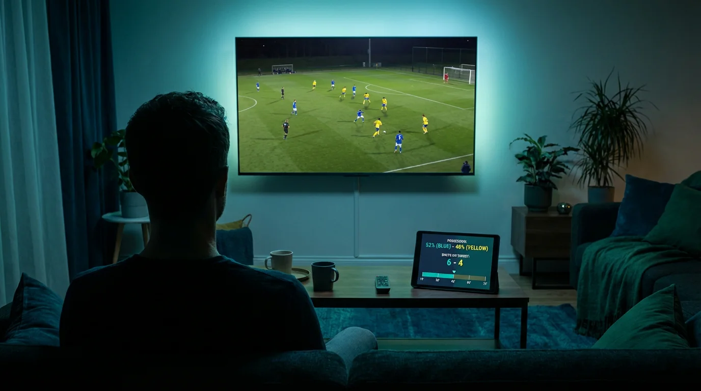 Persona siguiendo un partido de fútbol en vivo con datos estadísticos en pantalla