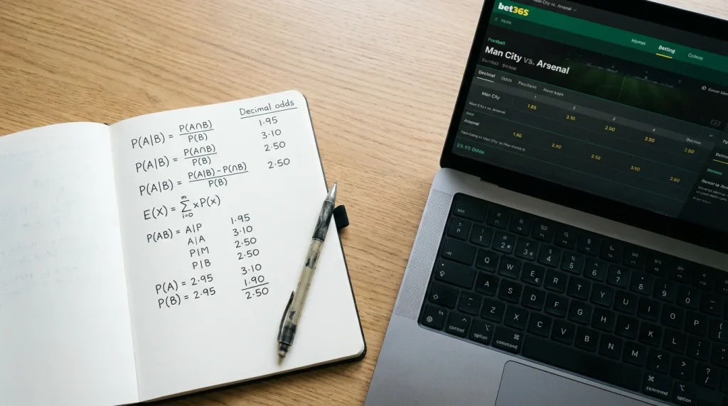 Cuaderno con fórmulas de probabilidad implícita junto a un portátil mostrando cuotas de un partido de fútbol