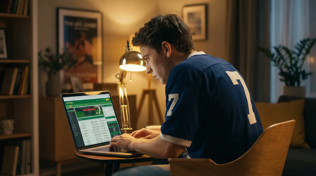 Aficionado al fútbol sentado frente a un portátil aprendiendo a hacer su primera apuesta deportiva