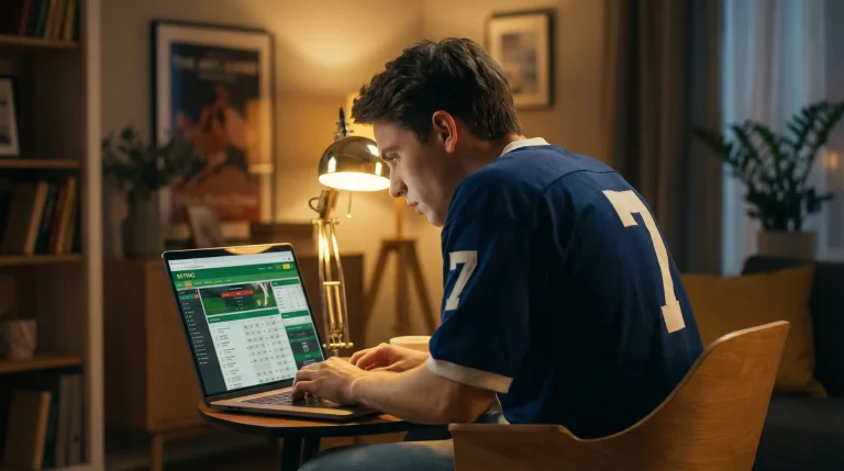 Aficionado al fútbol sentado frente a un portátil aprendiendo a hacer su primera apuesta deportiva