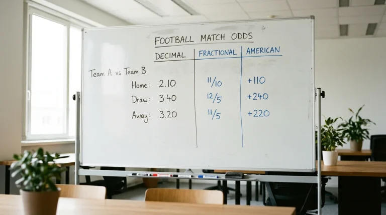 Pizarra con ejemplos de cuotas decimales fraccionarias y americanas de apuestas deportivas