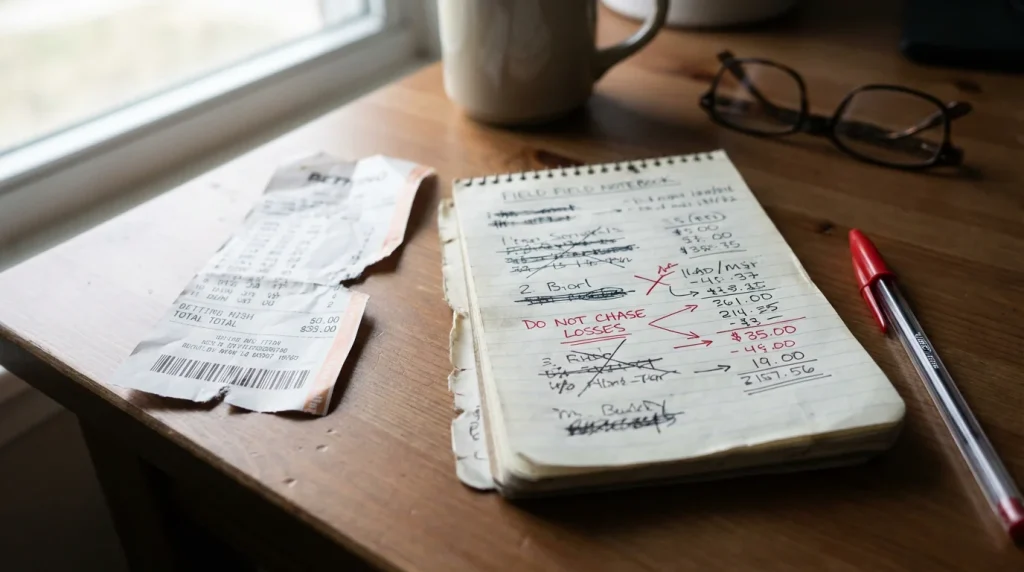 Boleta de apuesta rota por la mitad junto a un cuaderno con anotaciones de errores corregidos