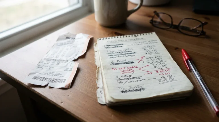 Boleta de apuesta rota por la mitad junto a un cuaderno con anotaciones de errores corregidos