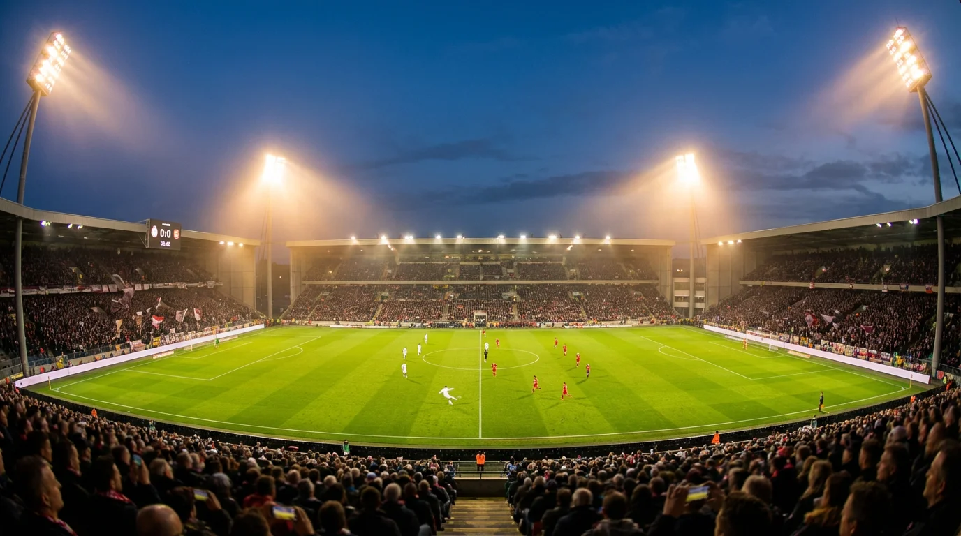 Estadio de fútbol europeo con campo de césped iluminado durante un partido nocturno