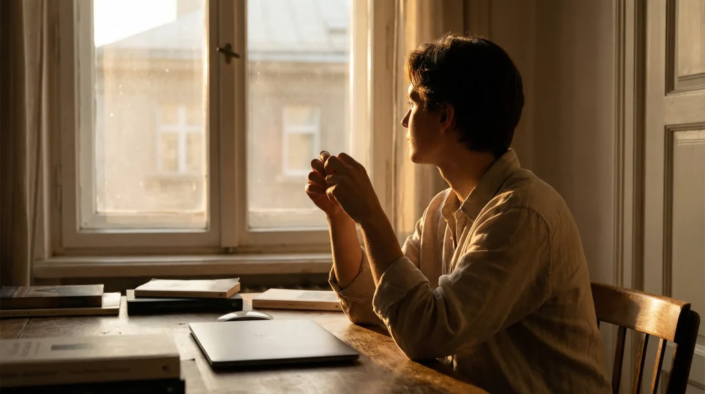 Persona reflexionando con calma frente a un portátil cerrado después de una sesión de apuestas