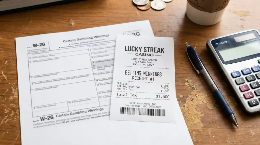 Formulario fiscal junto a un recibo de ganancias de apuestas deportivas sobre un escritorio