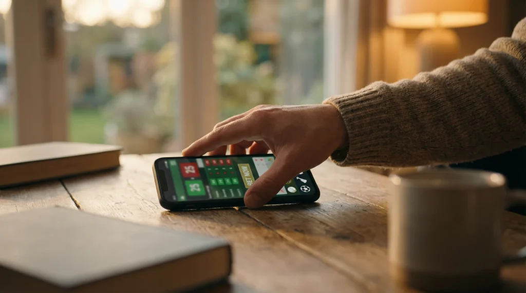 Mano alejándose de un teléfono móvil con una aplicación de apuestas en señal de autocontrol