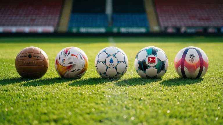 Cinco balones de fútbol alineados representando las principales ligas europeas sobre césped verde
