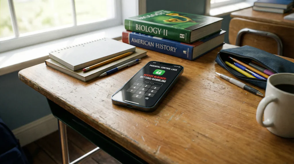 Teléfono móvil con una aplicación de apuestas bloqueada por control parental sobre un escritorio de estudio
