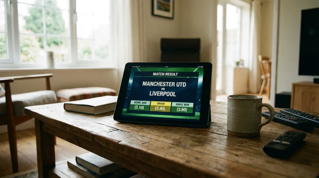 Pantalla con cuotas del mercado 1X2 de un partido de fútbol mostrando opciones de local empate y visitante