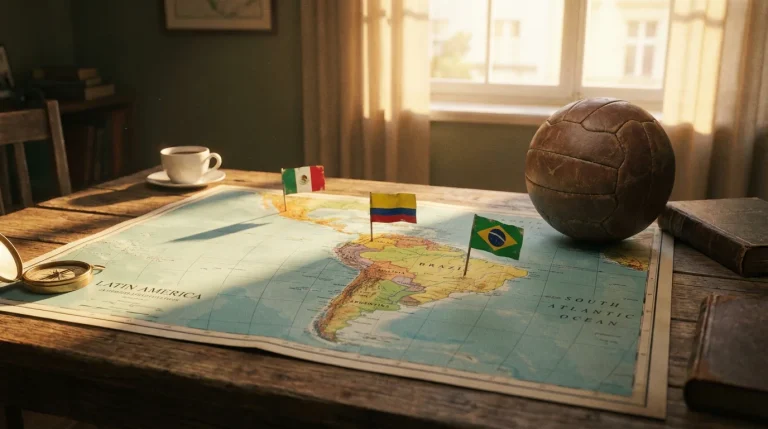 Mapa de Latinoamérica sobre una mesa con banderas de Brasil Colombia y México junto a un balón de fútbol
