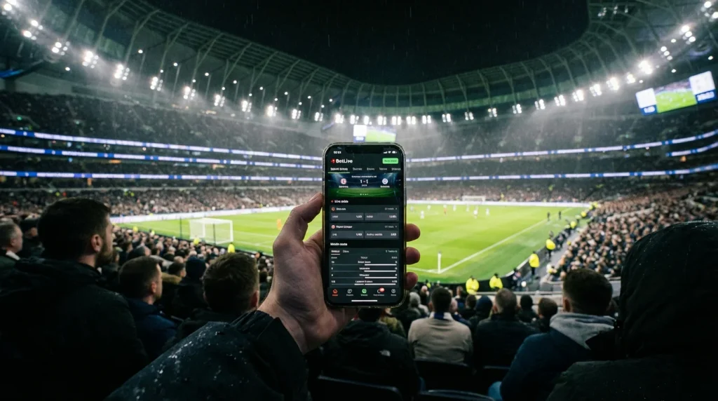 Persona apostando en vivo desde su móvil durante un partido de fútbol en un estadio moderno