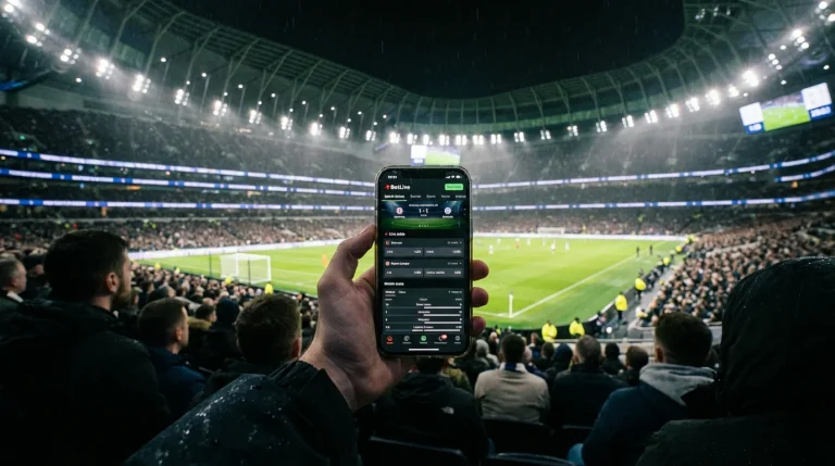 Persona apostando en vivo desde su móvil durante un partido de fútbol en un estadio moderno