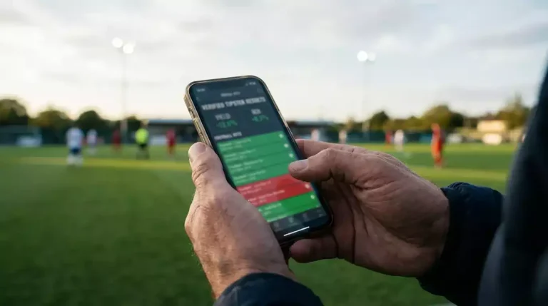 Persona revisando en su móvil el historial verificado de resultados de un tipster de fútbol