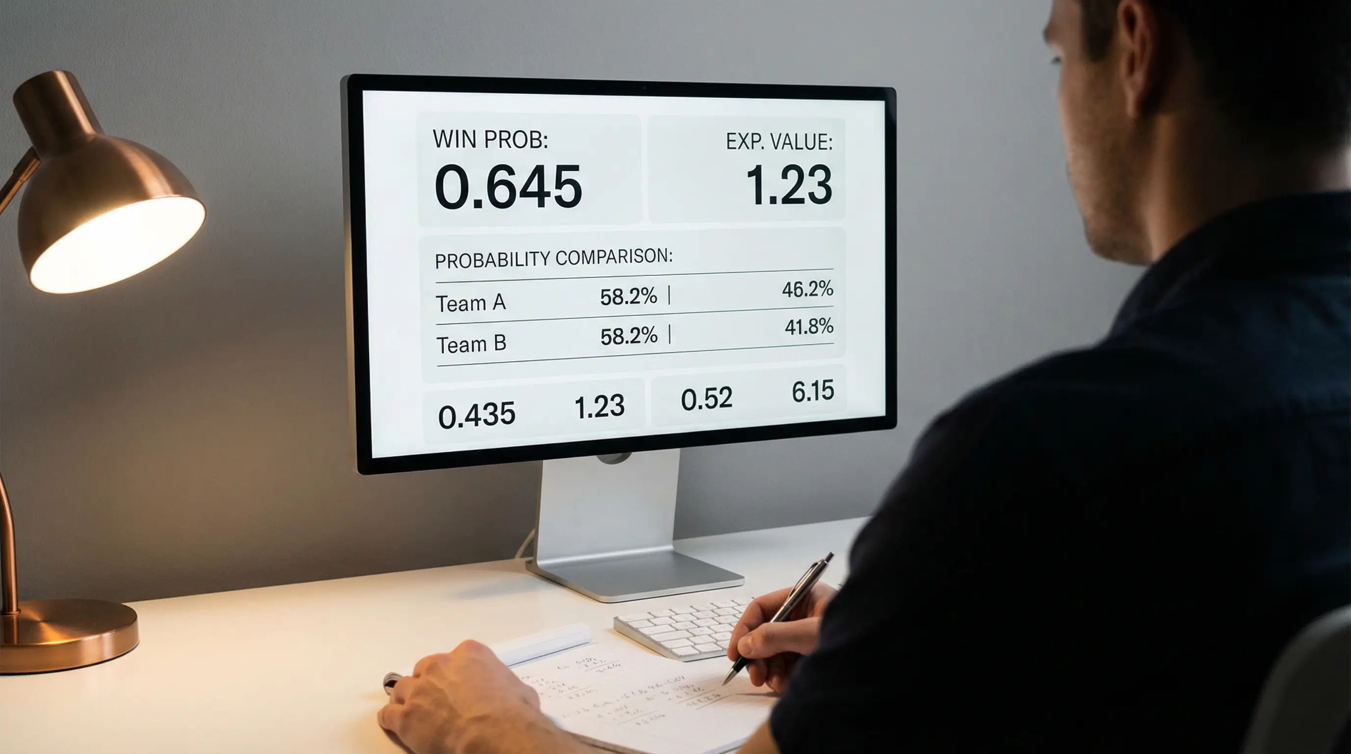 Analista de apuestas de fútbol evaluando cuotas y probabilidades en una pantalla