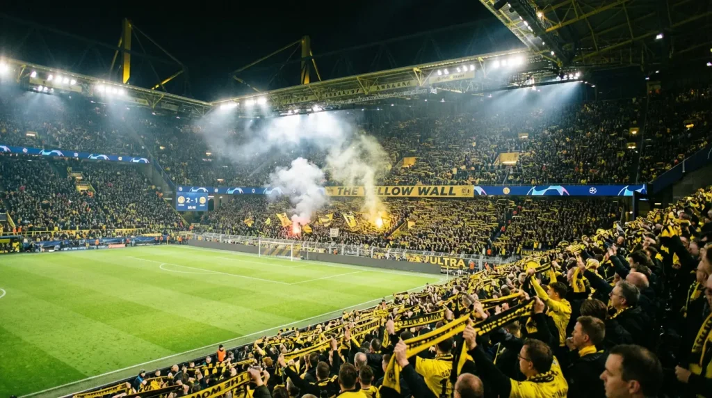 Estadio de fútbol lleno de aficionados locales animando a su equipo desde las gradas